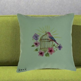 Perna Decorativa Pasare Roz pe Colivie Aurie cu Flori, 40x40 cm, Verde, Husa Detasabila, Perna Inclusa, BEKZ®
