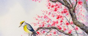 Tablou - Pasăre pe un copac cu flori roșii (120x50 cm)