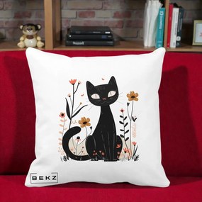 Perna Decorativa Pisica Neagra Flori Pastel Folk, 40x40 cm, Alba Mata, Husa Detasabila, Perna Inclusa, BEKZ®