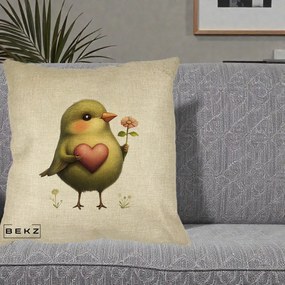 Perna Decorativa Pasare Verde cu Inima si Floare, 40x40 cm, Crem, Husa Detasabila, Perna Inclusa, BEKZ®