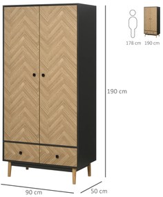 HOMCOM Dulap din lemn cu doua usi: 4 compartimente, 2 umerase si sertare culoare gri inchis, 90x50x190 cm | Aosom Romania