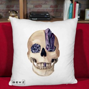 Perna Decorativa Craniu cu Cristale de Ametist, 40x40 cm, Alb Pufos, Husa Detasabila, Perna Inclusa, BEKZ®