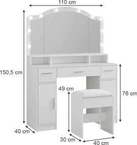 Masuta machiaj cu Oglinda LED si 3 Sertare pentru Cosmetice, Set Masa toaleta 110 cm, Alb, masuta cosmetica, vanity - SEA809