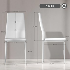 HOMCOM Set de 6 Scaune de Dining Tapizate în PU cu Spătar Înalt cu Butoane și Picioroare de Oțel Design Modern Alb | Aosom Romania
