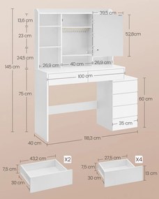 Masuta machiaj cu Oglinda LED si 6 Sertare pentru Cosmetice, Set Masa toaleta 118 cm, Alb, masuta cosmetica, vanity - SEA95