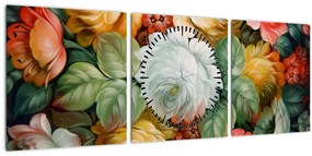 Tablou cu buchet pictat de flori (cu ceas) (90x30 cm)