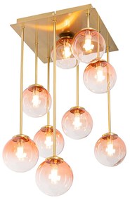 Plafonieră Art Deco aurie cu sticlă roz cu 9 lumini - Atena