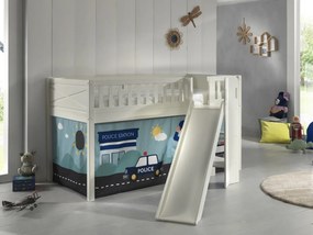 Pat semi-supraetajat pentru copii SCOTT, 90 x 200 cm, alb, din pin scandinav masiv, cu tobogan și perdea de joacă POLICE – Vipack