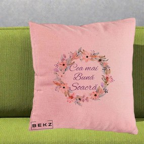 Cadou pentru Soacra - Perna Personalizata Cea mai Buna Soacra cu Coronita Flori Boho Pastel, 40x40 cm, Roz, Husa Detasabila, Perna Inclusa, BEKZ®