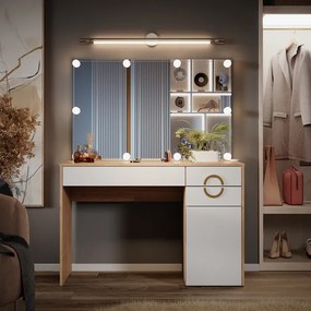 Masuta machiaj cu Oglinda LED si 3 Sertare pentru Cosmetice, Set Masa toaleta 115 cm, Alb, masuta cosmetica, vanity - SEA441