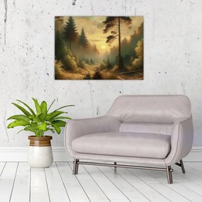 Tablou pe sticlă - Soare strălucind prin pădure (70x50 cm)