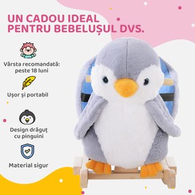 HOMCOM Balansoar Pinguin din Pluș cu Melodii și Centură de Siguranță, Balansoar pentru Copii, 60x33x50 cm, Gri | Aosom Romania