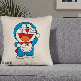 Perna Personalizata Doraemon Salutand, 40x40 cm, Bej Canapea, Husa Detasabila, Perna Inclusa, BEKZ®