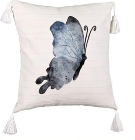 Perna Decorativa cu Franjuri, Model Fluture 2, Blue and Black, 40x40 cm, Bej cu Franjuri, Husa Detasabila, Perna Inclusa, BEKZ®