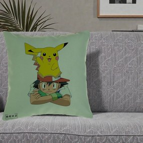 Perna Personalizata Ash si Pikachu, 40x40 cm, Verde, Husa Detasabila, Perna Inclusa, BEKZ®