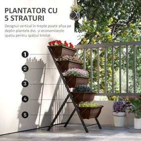 Outsunny Suport pentru Plante Vertical cu 5 Niveluri și 5 Ghivece cu Găuri de Drenaj, Suport din Oțel și Plastic, 55x63x120 cm, Maro | Aosom Romania