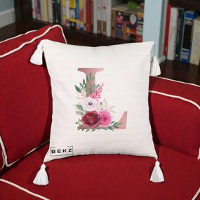 Cadou Personalizat - Perna Personalizata Monograma Rose Gold Litera L, 40x40 cm, Bej cu Franjuri, Husa Detasabila, Perna Inclusa, BEKZ®
