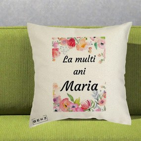 Cadou de Onomastica - Perna Personalizata La Multi Ani Maria Flori Acuarela, 40x40 cm, Ecru, Husa Detasabila, Perna Inclusa, BEKZ®