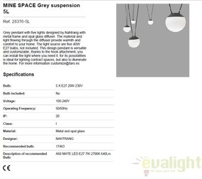 Lustra cu 5 pendule design modern MINE SPACE Grey inchis 28376-5L