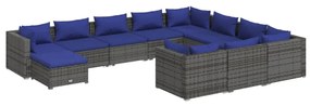 Set mobilier de gradina cu perne, 11 piese, gri, poliratan Gri si albastru, 4x colt + 6x mijloc + suport pentru picioare, 1