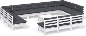 vidaXL Set mobilier grădină cu perne, 14 piese, alb, lemn masiv pin