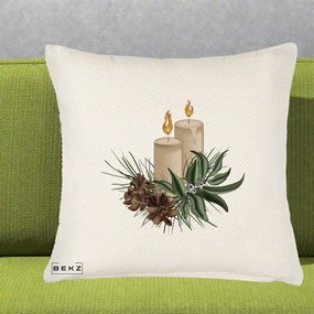 Perna Decorativa Lumanari cu Ilex si Conuri Ilustratie, 40x40 cm, Crem Reliefat, Husa Detasabila, Perna Inclusa, BEKZ®