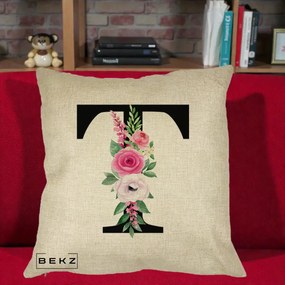 Cadou Personalizat - Perna Personalizata Monograma Florala Litera T, 40x40 cm, Crem, Husa Detasabila, Perna Inclusa, BEKZ®