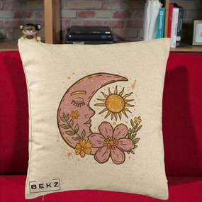 Perna Personalizata Luna si Soare Floral Boho, 40x40 cm, Bej, Husa Detasabila, Perna Inclusa, BEKZ®