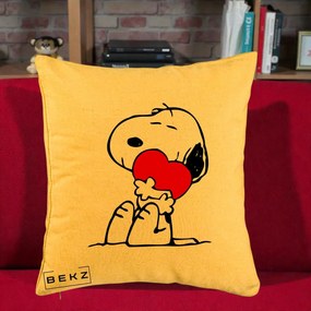 Perna Personalizata Snoopy cu Inima, 40x40 cm, Galben, Husa Detasabila, Perna Inclusa, BEKZ®