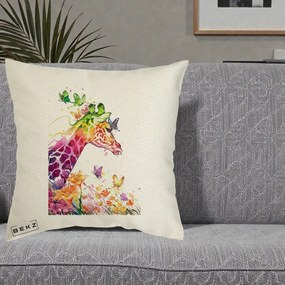 Perna Decorativa Girafa Curcubeu Acuarela, 40x40 cm, Ecru, Husa Detasabila, Perna Inclusa, BEKZ®