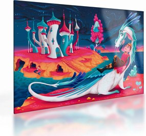 Tablou pe sticlă - Prinț și prințesa cu dragon (70x50 cm)