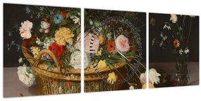 Tablou - Jan Brueghel the Elder, Flowers in a Basket and a Vase, reproducere (cu ceas) (90x30 cm)
