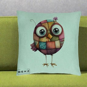 Perna Decorativa Pasare Patchwork Roz cu Floare, 40x40 cm, Verde Menta, Husa Detasabila, Perna Inclusa, BEKZ®