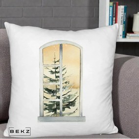 Perna Decorativa Fereastra cu Brad de Iarna, 40x40 cm, Alb Pufos, Husa Detasabila, Perna Inclusa, BEKZ®