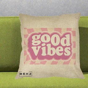 Perna Decorativa Good Vibes Retro Roz, 40x40 cm, Crem, Husa Detasabila, Perna Inclusa, BEKZ®