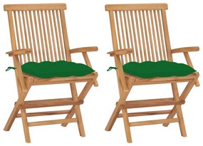 vidaXL Scaune grădină cu perne, 2 buc., verde, lemn masiv tec