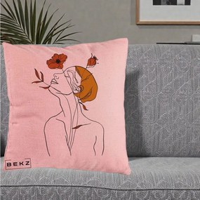 Perna Decorativa Portret Feminin Mac Privire Inalta, 40x40 cm, Roz, Husa Detasabila, Perna Inclusa, BEKZ®