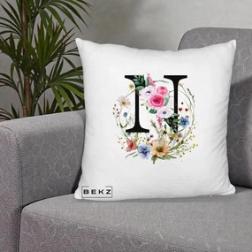 Cadou Personalizat - Perna Personalizata Monogram Litera N cu Flori Acuarela, 40x40 cm, Alb Pufos, Husa Detasabila, Perna Inclusa, BEKZ®