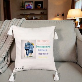 Cadou pentru Bunici - Perna Personalizata Bunicii Sursa Intelepciune Caldura Acuarela, 40x40 cm, Bej cu Franjuri, Husa Detasabila, Perna Inclusa, BEKZ®