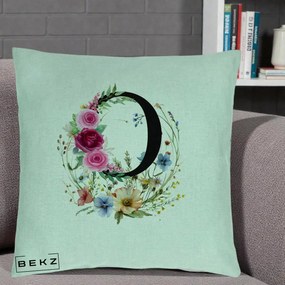 Cadou Personalizat - Perna Personalizata Monogram Litera O cu Flori Acuarela, 40x40 cm, Verde Menta, Husa Detasabila, Perna Inclusa, BEKZ®