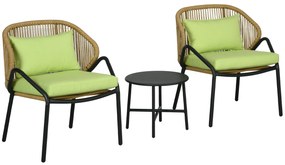 Outsunny Set de mobilier de terasă din ratan, 3 piese, cu perne pentru șezut și spate, ratan artificial, cadru metalic, Verde | Aosom Romania