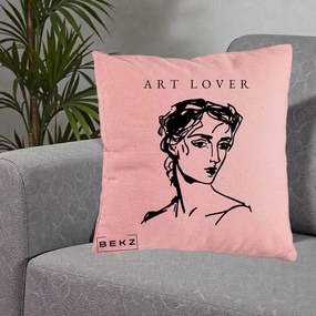 Perna Decorativa Art Lover Portret Grafic, 40x40 cm, Roz, Husa Detasabila, Perna Inclusa, BEKZ®