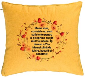 Perna Decorativa, Model cu Model pentru Mama cu text 40x40 cm, Galben, Husa Detasabila, Burduf