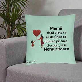 Cadou pentru Mama - Perna Personalizata Mama Nemuritoare cu Bebelus Kawaii, 40x40 cm, Verde Menta, Husa Detasabila, Perna Inclusa, BEKZ®