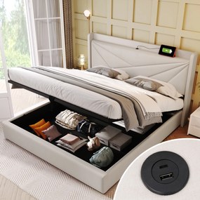 Pat dublu cu ladă de depozitare, funcție de încărcare USB Tip C, din bumbac și in, fără saltea, 160x200 cm, Bej