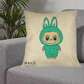 Perna Personalizata Labubu Turcoaz, 40x40 cm, Crem, Husa Detasabila, Perna Inclusa, BEKZ®