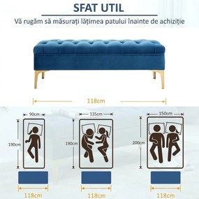 HOMCOM Bancă Hol, Bancă la Capătul Patului din Catifea Albastru Închis, Design Modern cu Picioare Metalice Aurii, 118x45x42cm | Aosom Romania