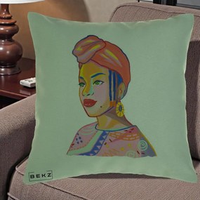 Perna Decorativa Portret Femeie Africana, 40x40 cm, Verde, Husa Detasabila, Perna Inclusa, BEKZ®