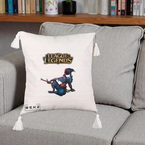 Perna Personalizata League of Legends Yasuo, 40x40 cm, Bej cu Franjuri, Husa Detasabila, Perna Inclusa, BEKZ®