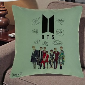 Perna Personalizata K-pop BTS Semnaturi Foto, 40x40 cm, Verde, Husa Detasabila, Perna Inclusa, BEKZ®
